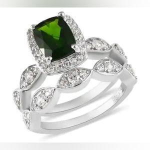 Chrome Diopside and White Zircon Set of 2 Ring in Platinum Over Sterling Silver